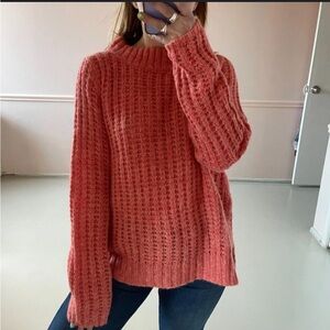 Anthropologie Field Flower Waffle Stitch Pullover sweater coral high neck Sz XS
